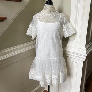 B+AB Mini Dress Womens Medium White Ivory Short Sleeve Crew Neck Embroidered